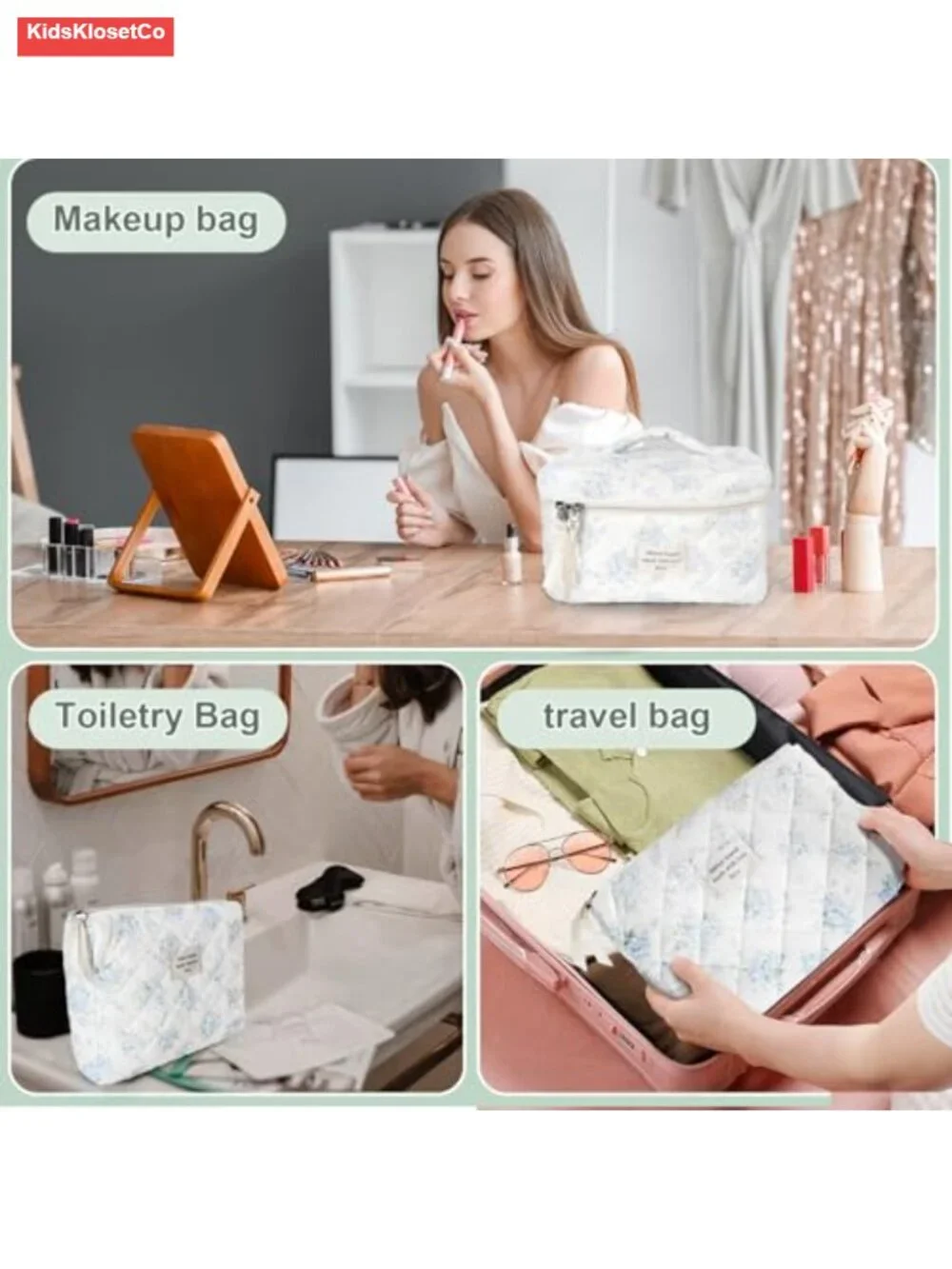 Quilted Cotton Makeup Bag Set Travel Cosmetic Pouch Cute Floral Toiletry Case